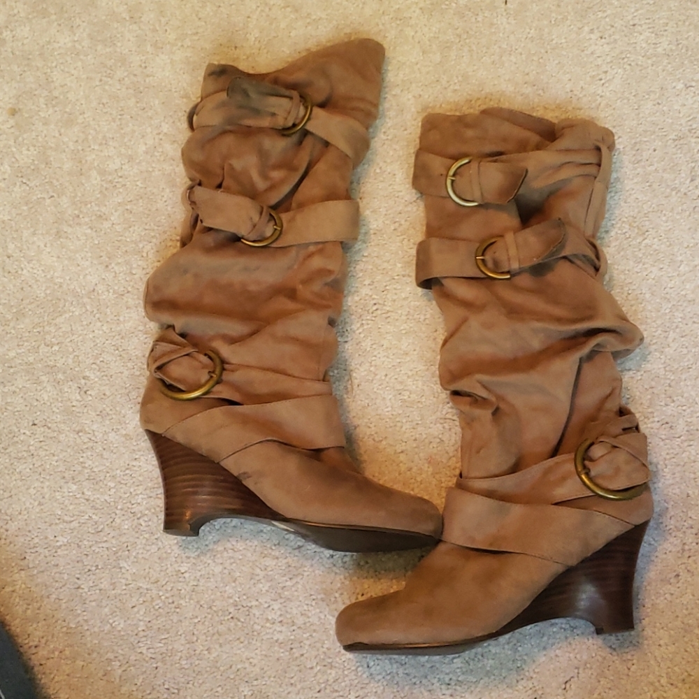 Brown slouchy tall heeled boots